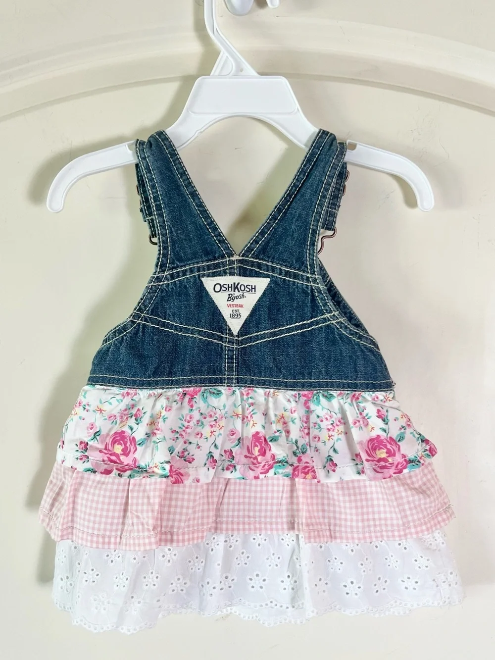 Vintage OshKosh B'gosh Baby Girl Denim Overall Jumper Dress 9M Lace Tiered